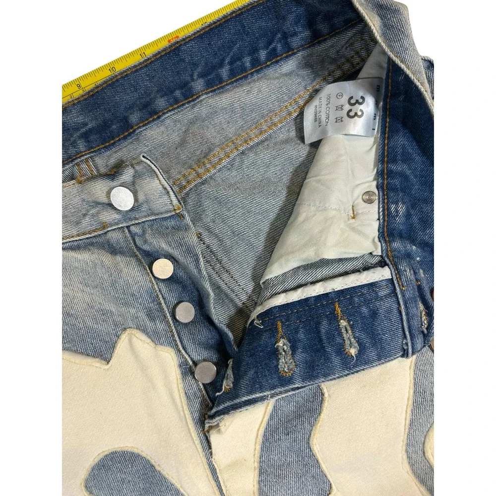 MNML Skeleton Bone Applique Light Wash Slim Denim Jeans Blue Mens 33 Distressed